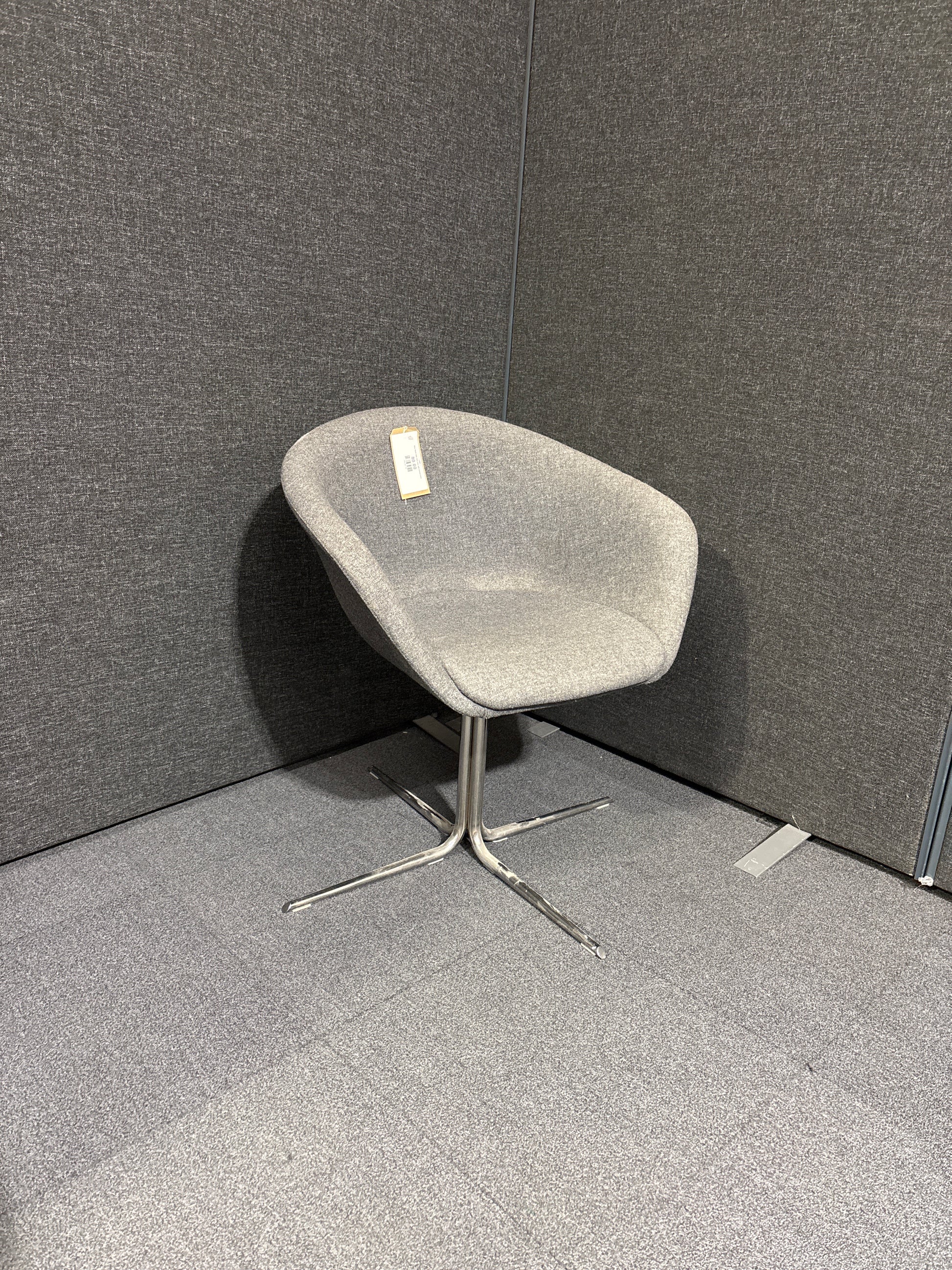 Grey fabric tulip club chair with chrome base