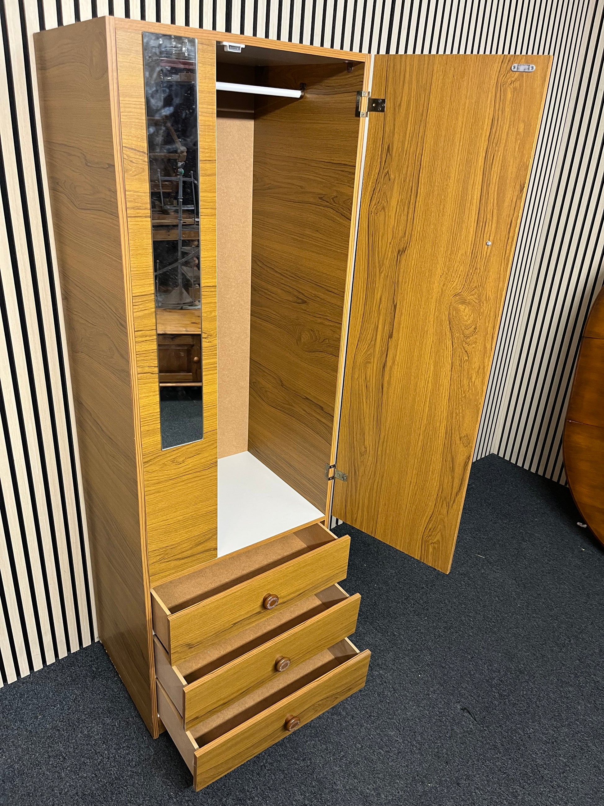 Tall Teak laminate 1 door 3 drawer wardrobe with mirror (H 178 x W 58 x D 46 cm) 2325