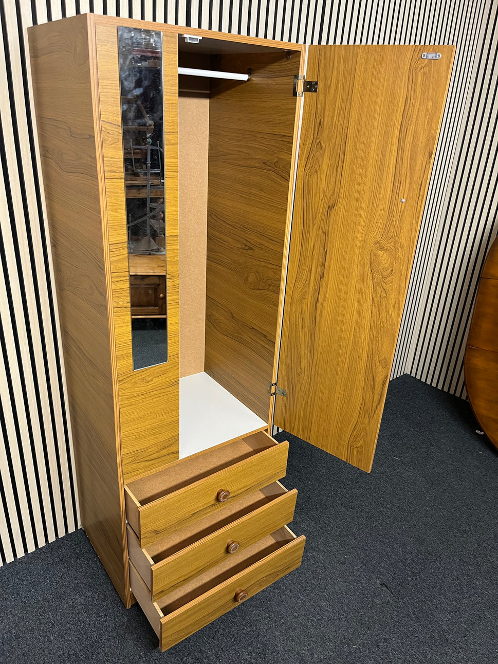 Tall Teak laminate 1 door 3 drawer wardrobe with mirror (H 178 x W 58 x D 46 cm) 2325