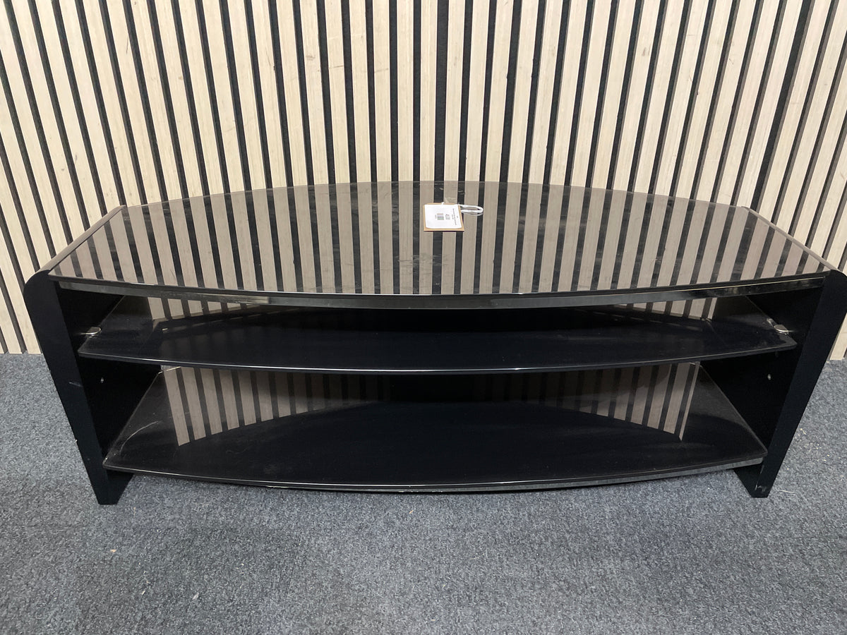 Modern curved black glass media unit with chrome trim accents.  44418