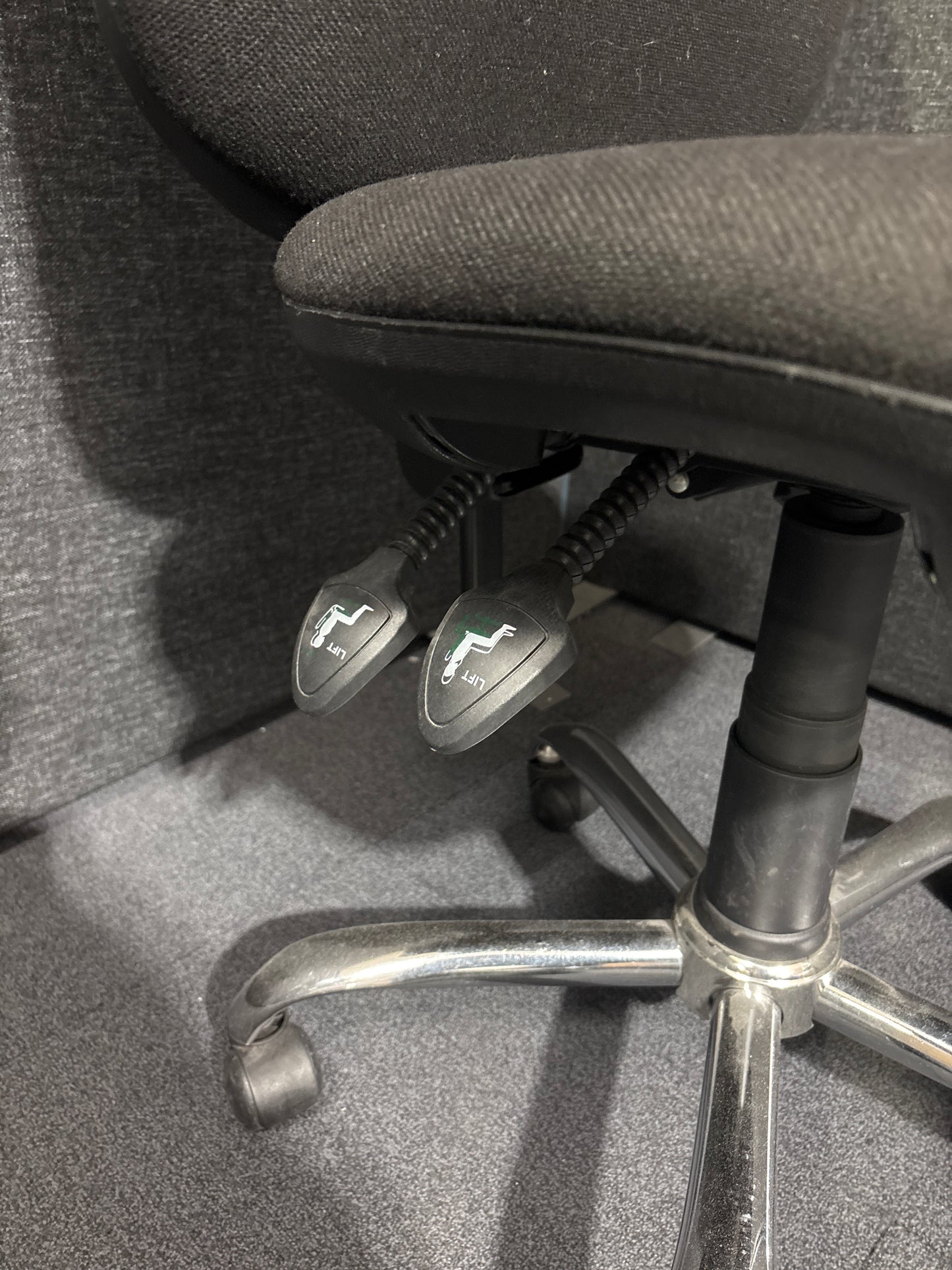 Second Hand Black fabric 2 lever swivel chair- no arms