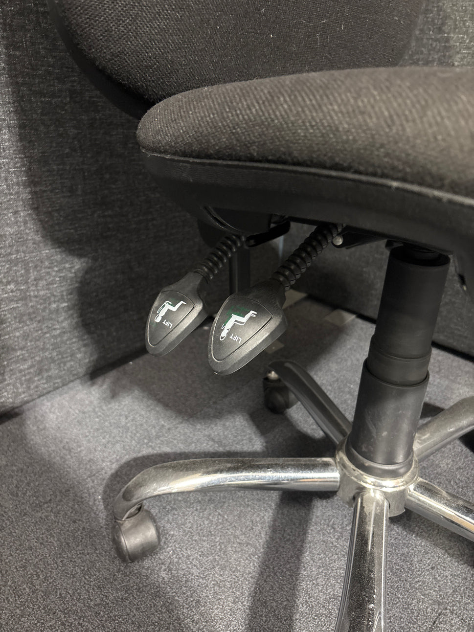 Second Hand Black fabric 2 lever swivel chair- no arms