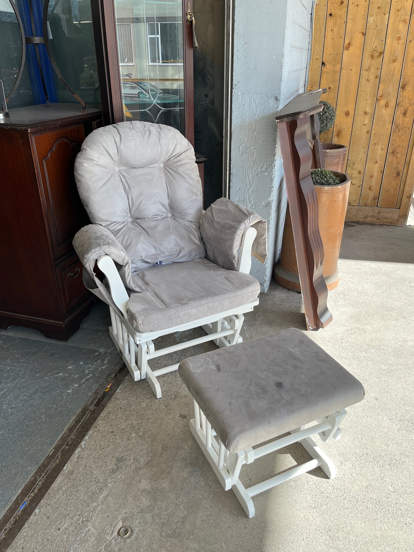 White Rocking Chair With Grey Fabric Cushions 1125
