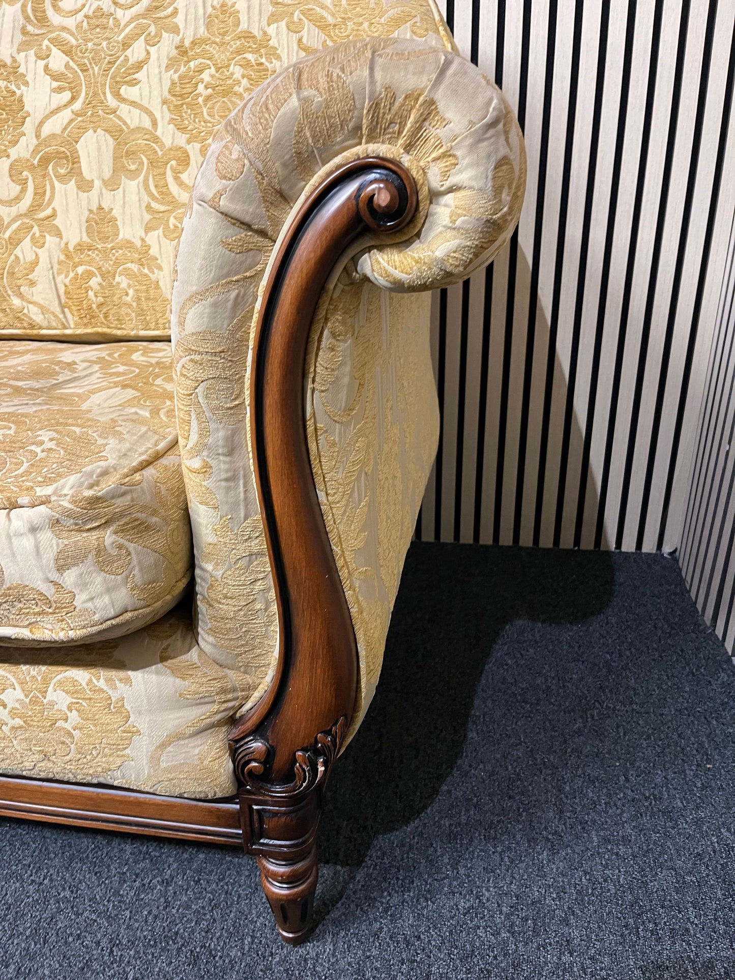 Ornate mahogany framed 2 seater sofa with embossed floral fabric (Width 2 meters) 2425