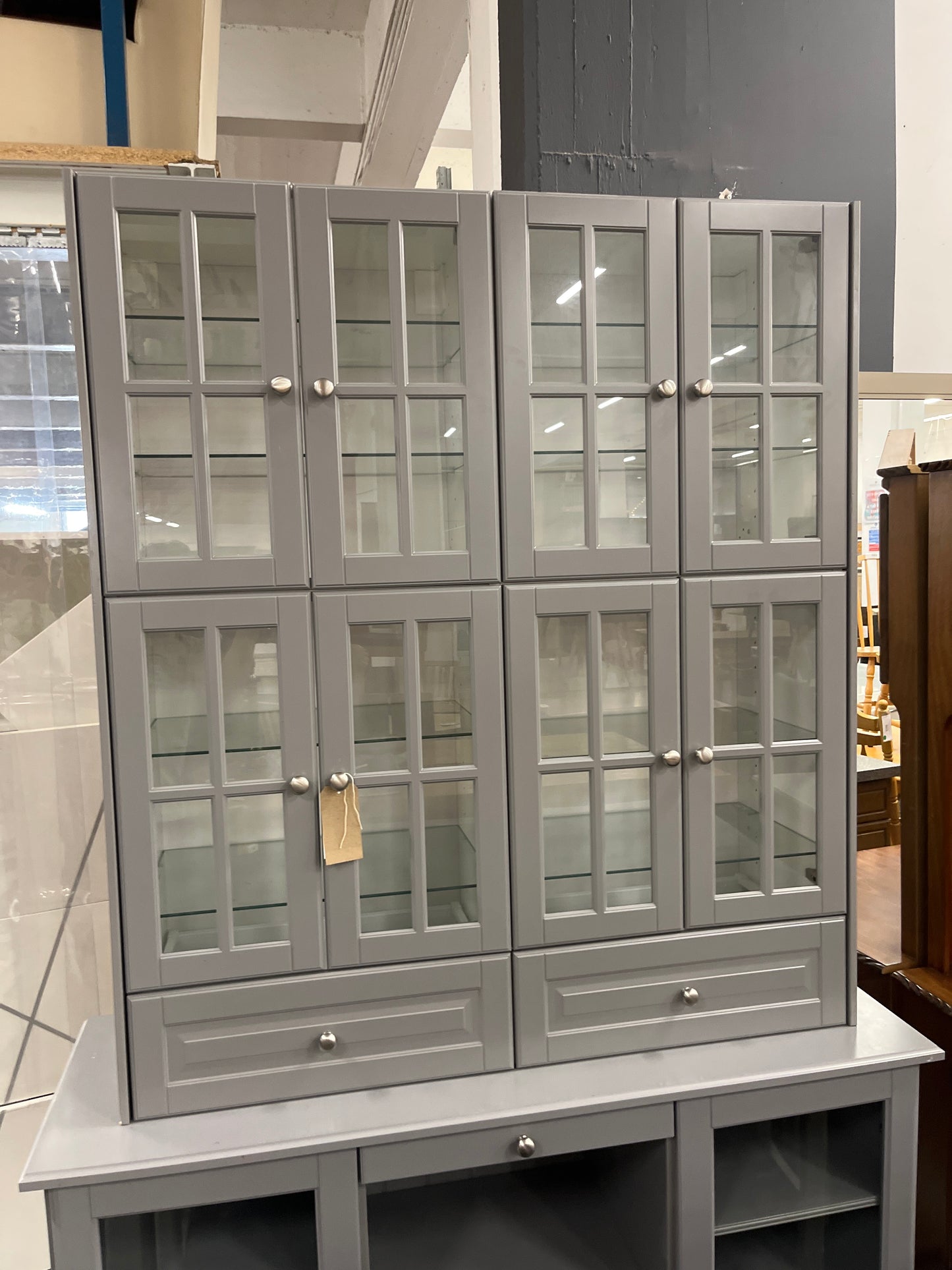 Tall 2 grey lattice glass door display unit with 2 glass door and base unit with shelves (H 230 x W 146 x D 49 cm) (soft close hinges) 1325