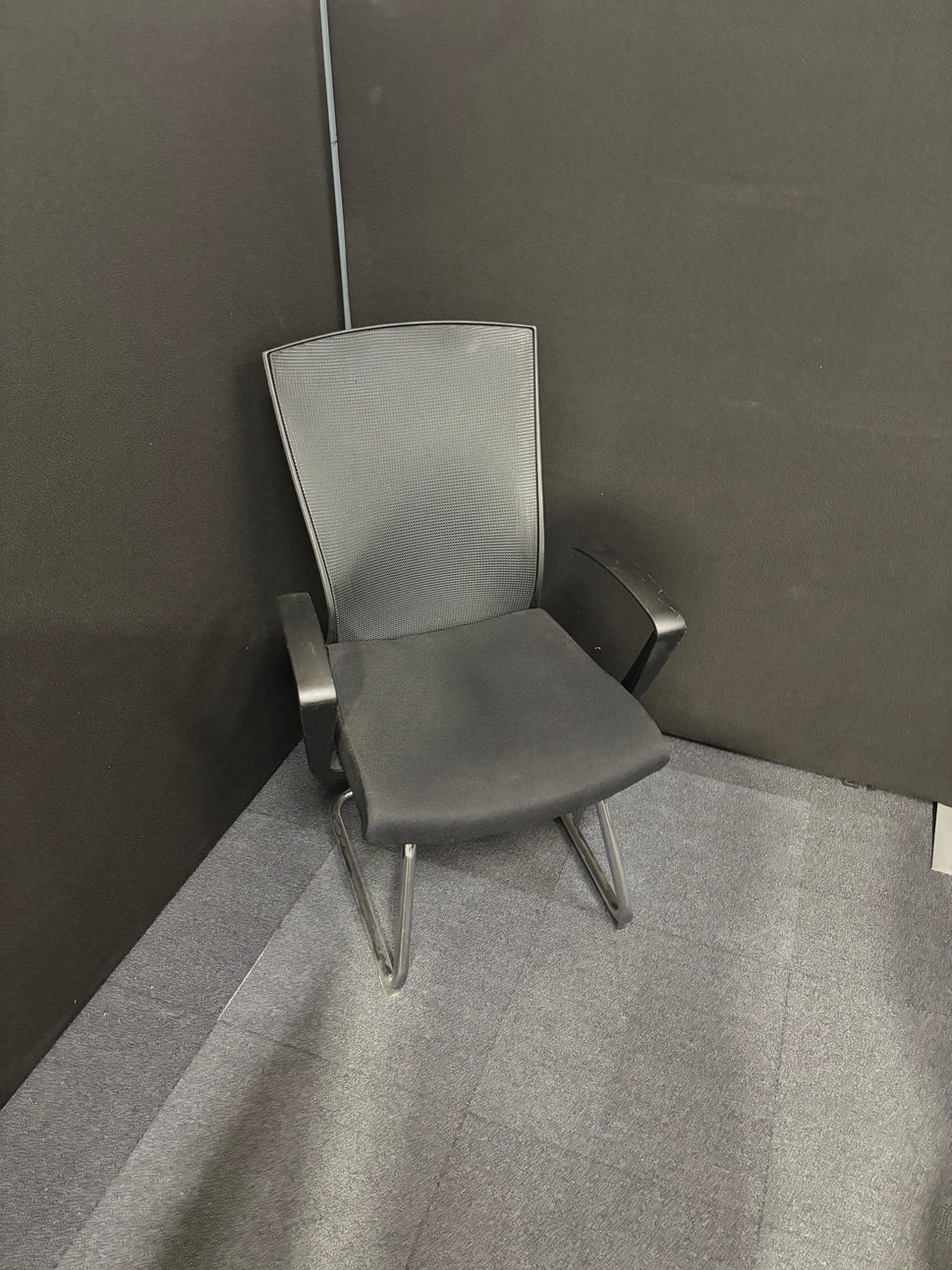 BRAND New Waverley black mesh back, black fabric seat, chrome framed cantilever meeting chair with black arms (Price Inc VAT)