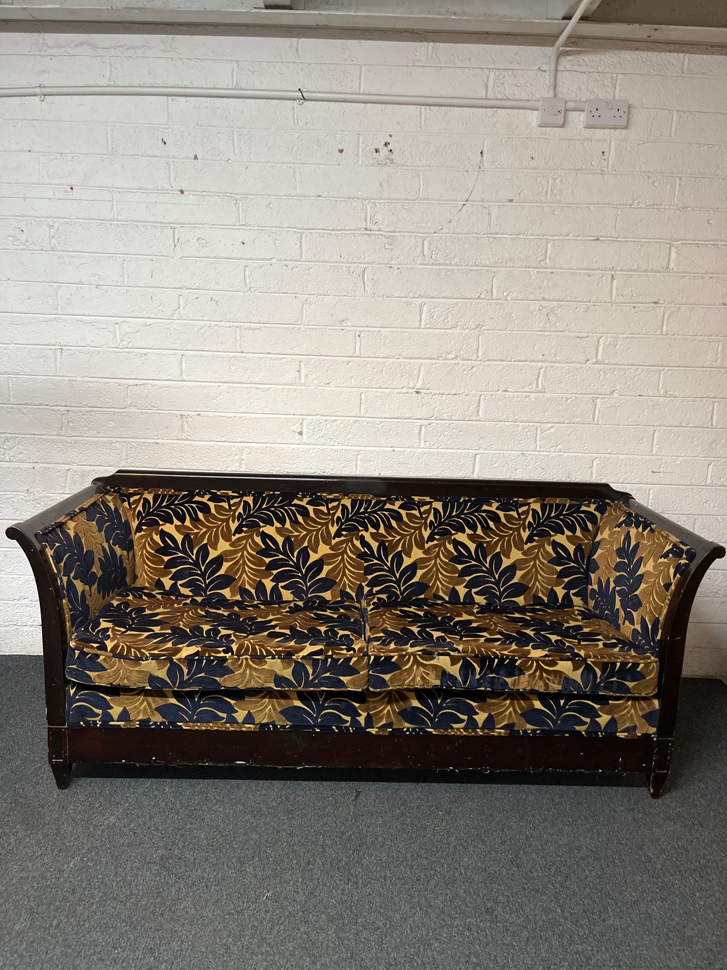 Ornate mahogany framed beige 2 seater sofa navy and brown floral fabric design  1325