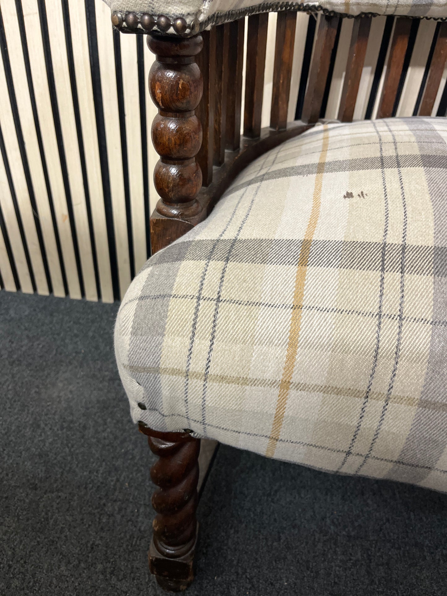 Ornate brown mix fabric armchair with mahogany frame and barley twist legs 3126