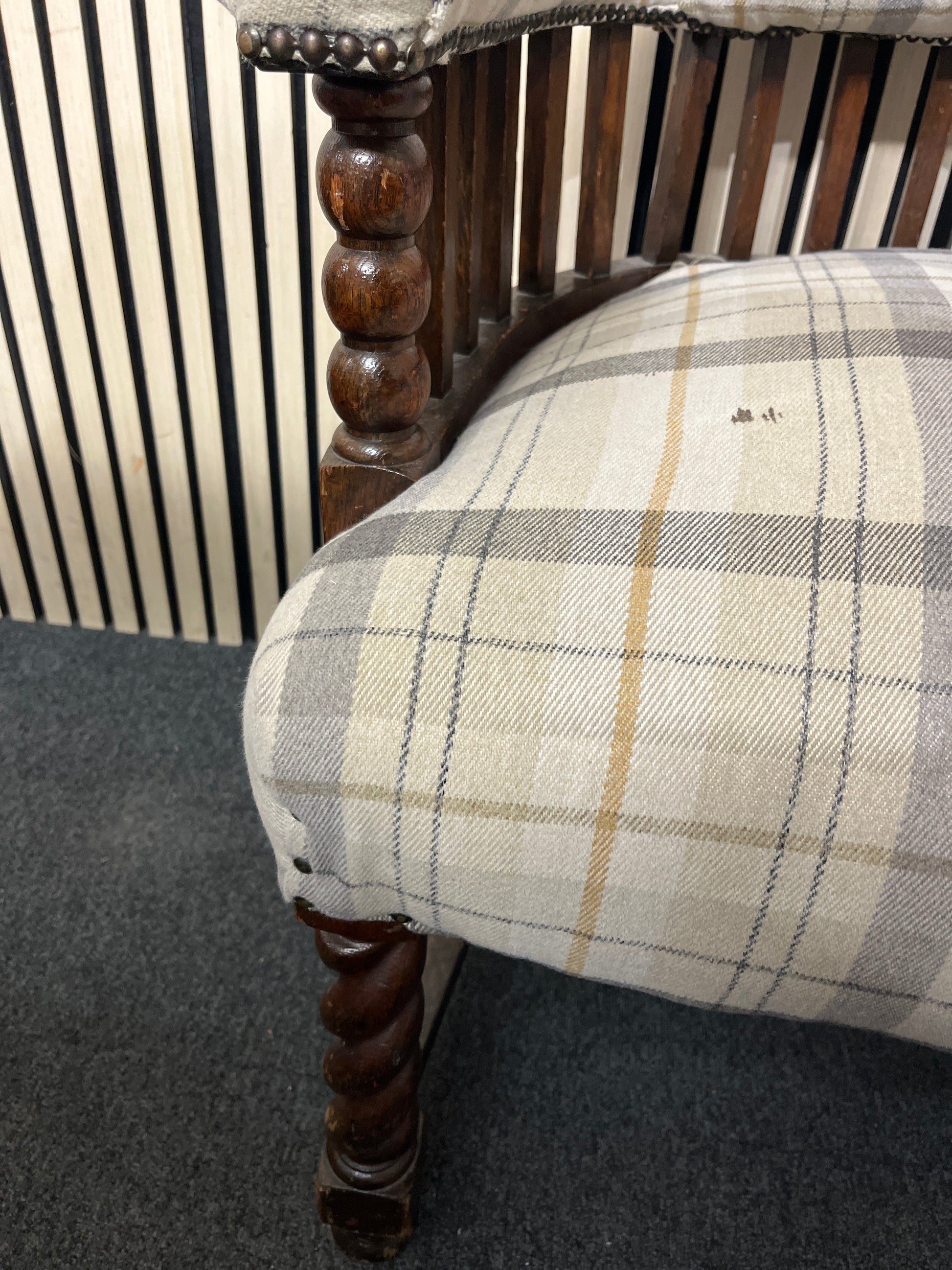 Ornate brown mix fabric armchair with mahogany frame and barley twist legs 3126
