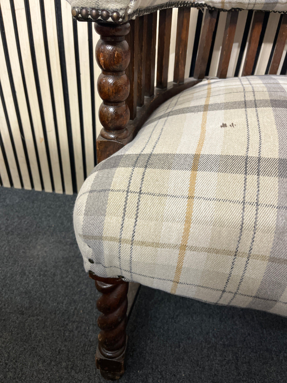Ornate brown mix fabric armchair with mahogany frame and barley twist legs 3126