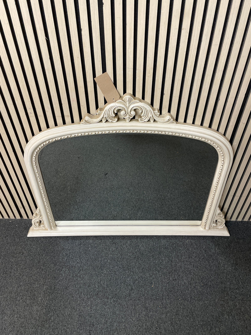 Large arched wall mirror with decorative scrollwork cream frame. (H 92 x W 125 cm)  44576
