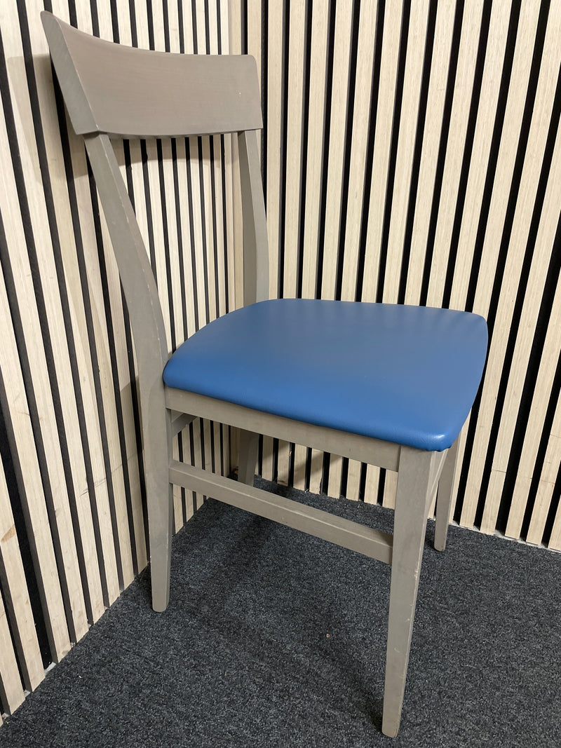 Modern grey cafe chair with blue faux leather seat.  44552