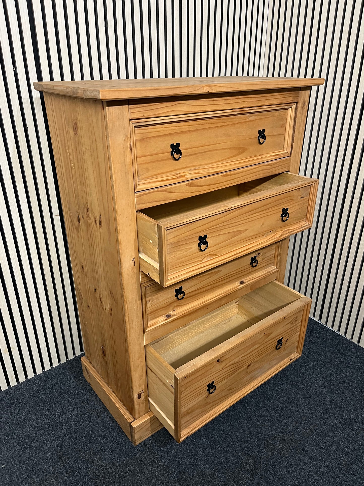 Tall waxed pine 4 dwrs chest  H 130 x W 90 x 50 D  4225