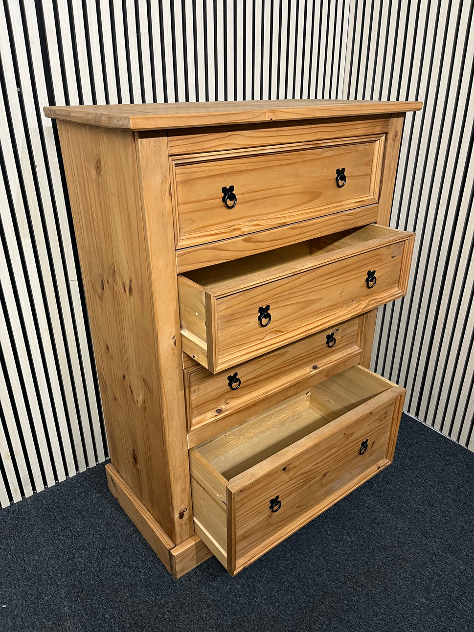 Tall waxed pine 4 dwrs chest  H 130 x W 90 x 50 D  4225