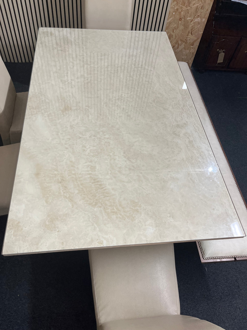 Cream Marble effect rectangular dining table(L 170 x W 100 cm with 4 no. high back cream leather dining chairs and a cream leather wooden framed long bench 2325