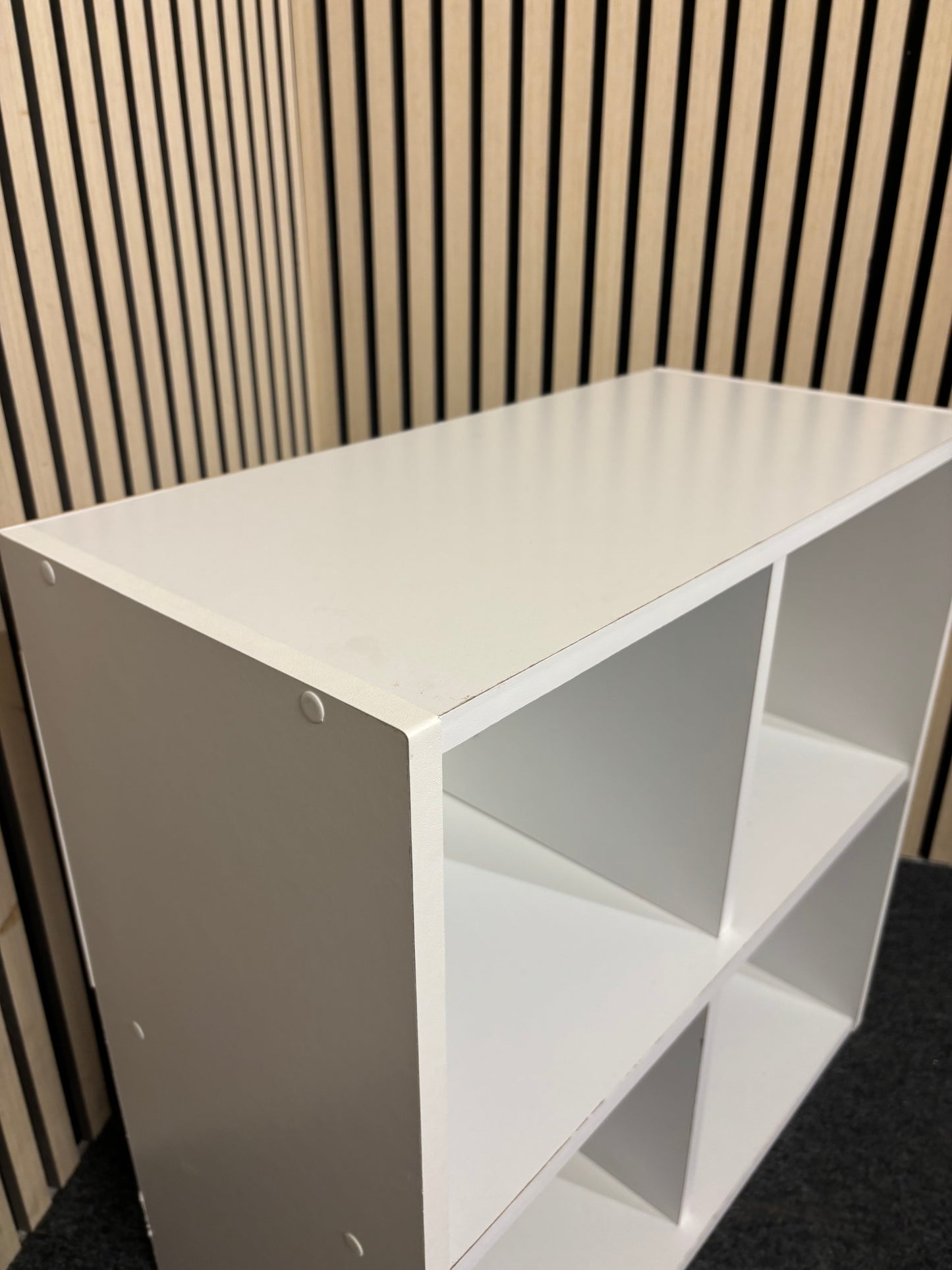 White wooden 4 section small open back box storage (H 60 x W 60 x D 29) 3126