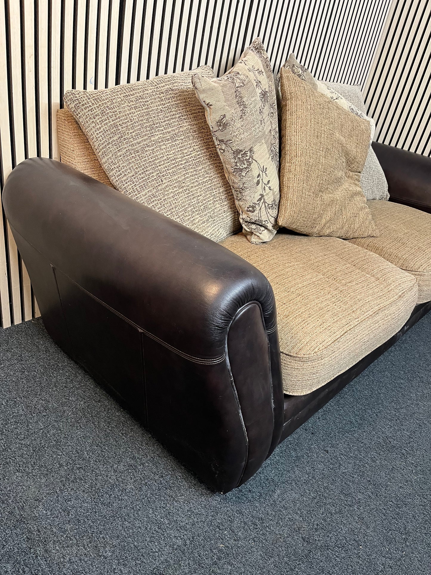 2 Seater sofa brown leatherette framed, brown mix fabric cushions 1126