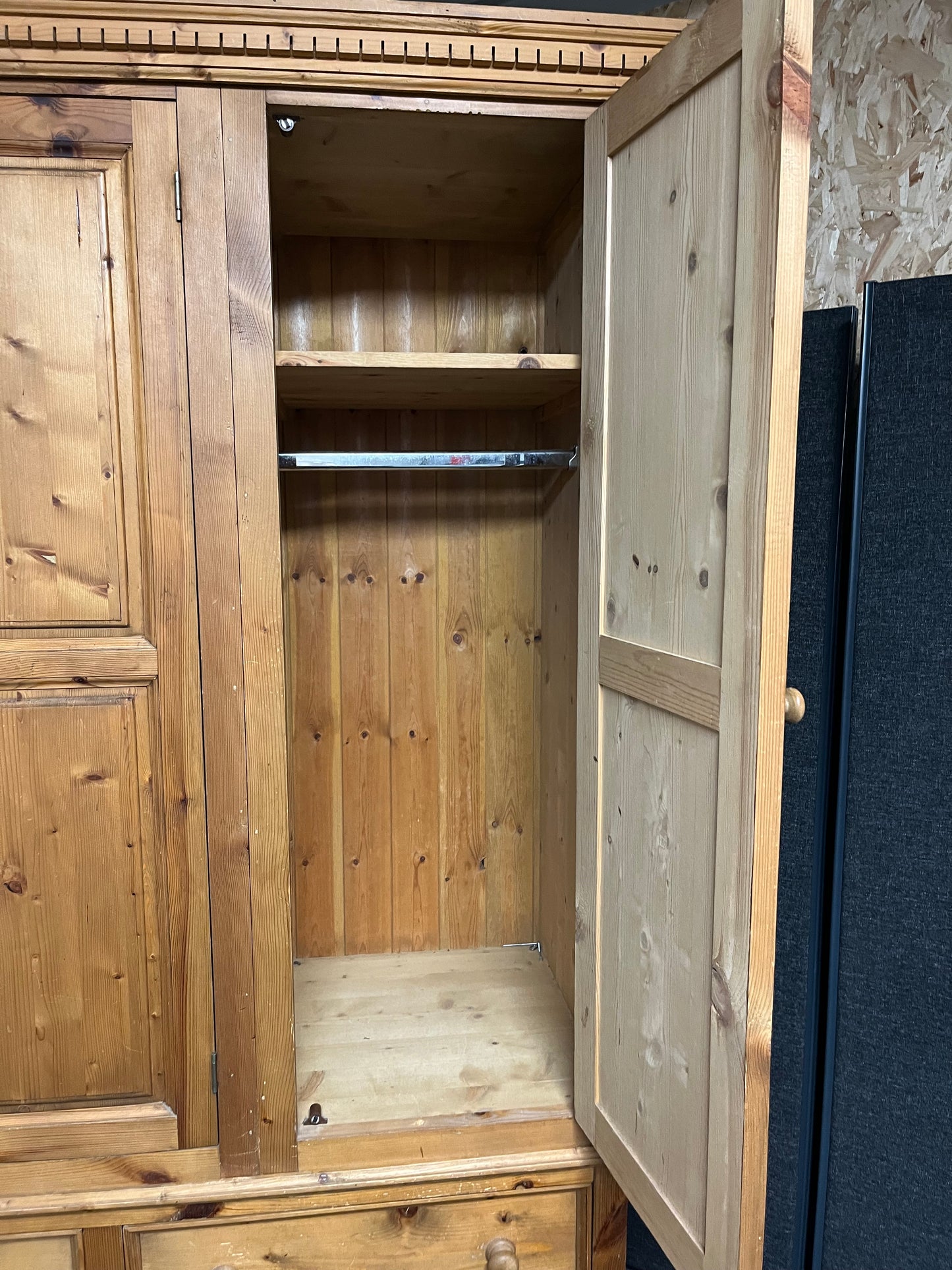 Solid tall pitch pine 3 door 4 drawer wardrobe with ornate pelmet (1480Wx2050Hx630D mm) 1225