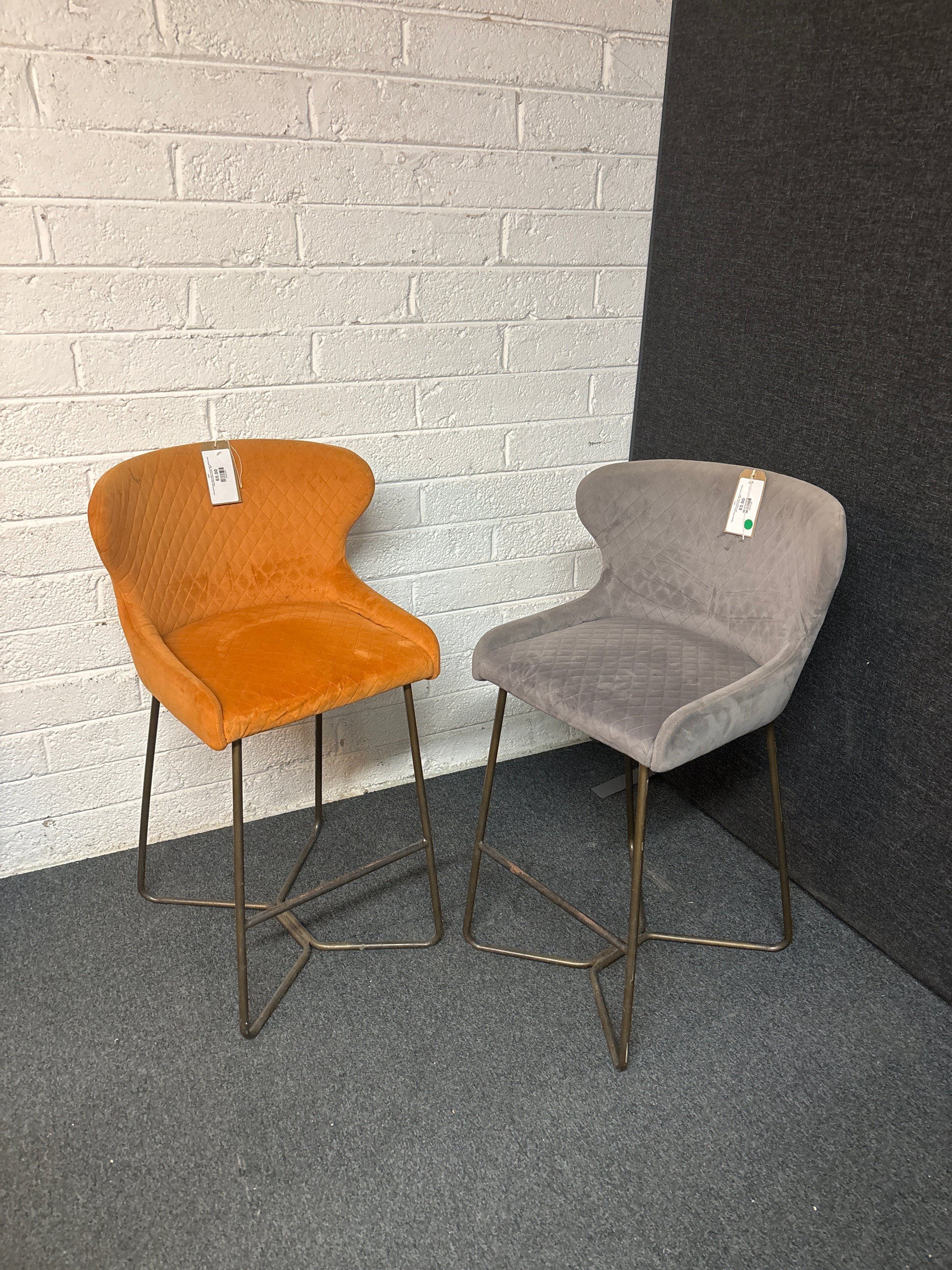 Tall burnt orange velour fabric curved back tall bar stool, metal dark painted frame  3225