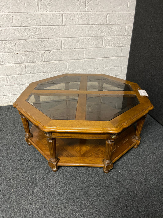 Large low 50p solid wood coffee table with smoked glass sections (H 400 x Radius 950 mm) 1225