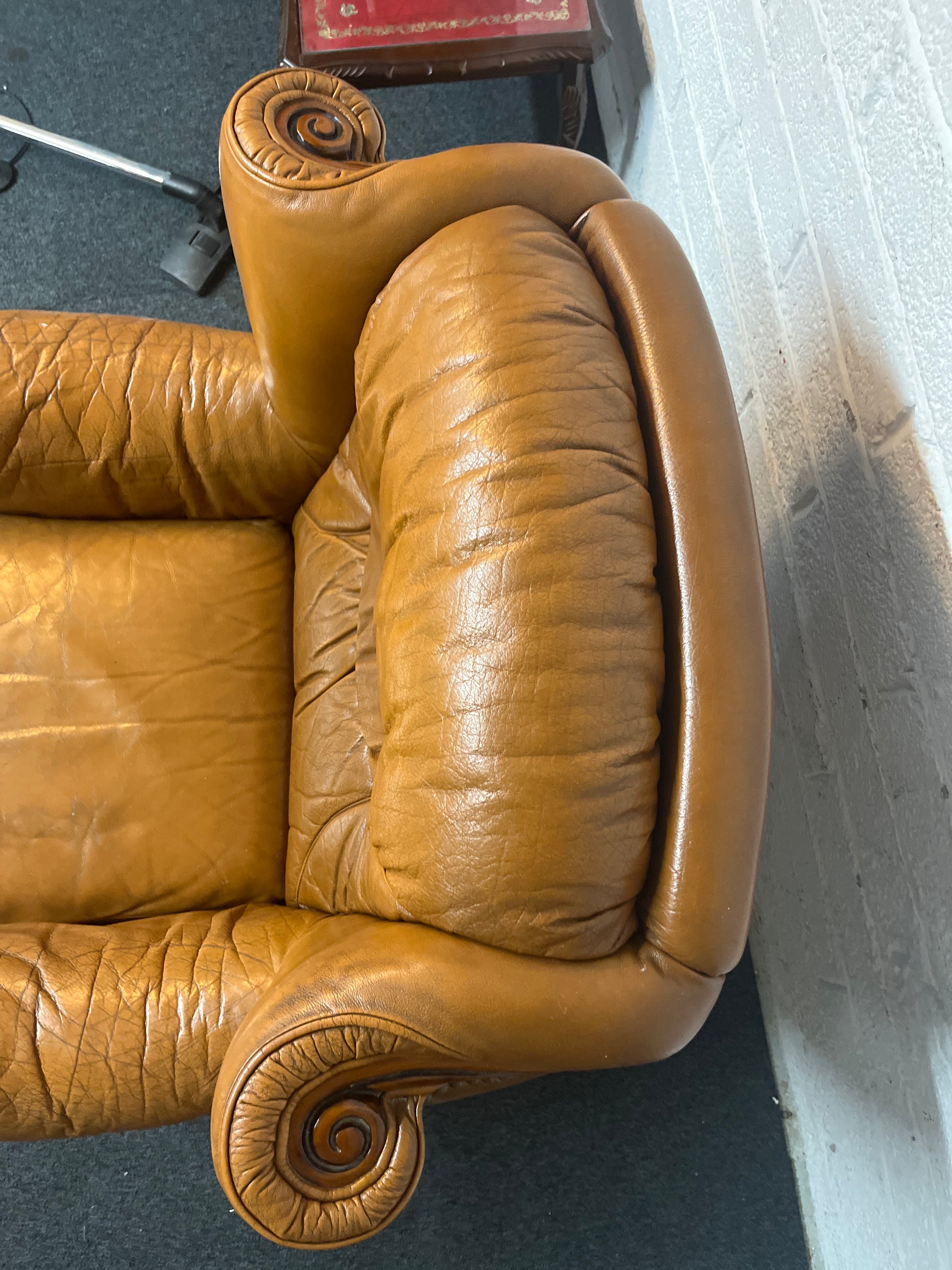 Real tan leather armchair with oak frame