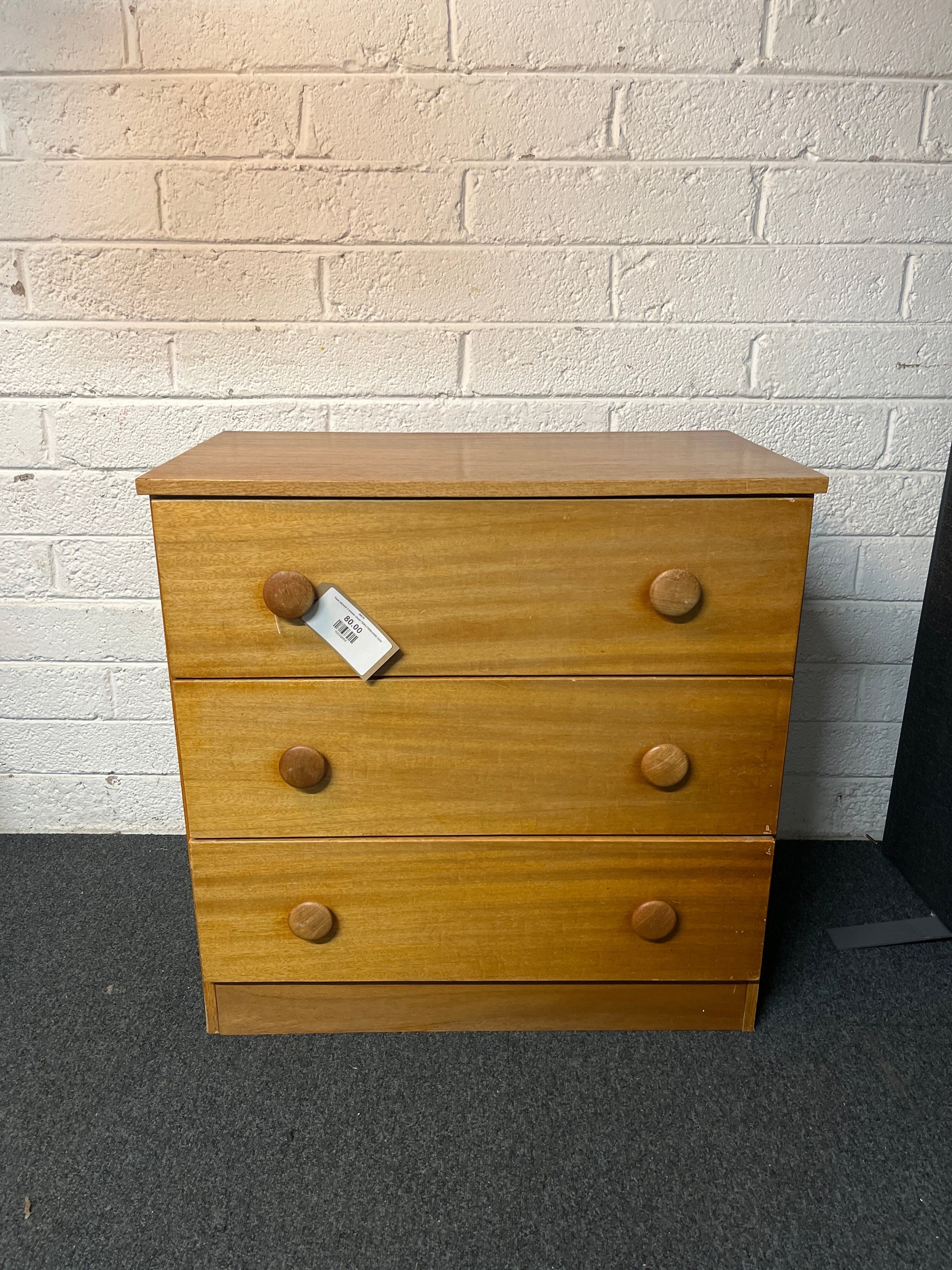 Teak stained 3 drawer chest 785Hx780Wx430D 2225