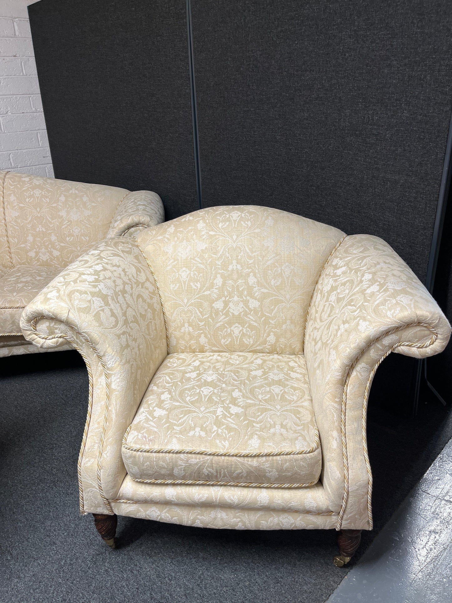 3+2+1 wing back cream mix fabric suite, solid wood frame, brass castors. CAN BE SOLD INDIVIDUALLY IF REQUIRED 2225