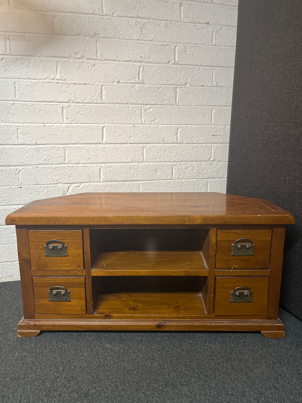 Solid dark wood stained 4 drawer low long TV unit (H 56 x W 116 x D 52 cm) 2225