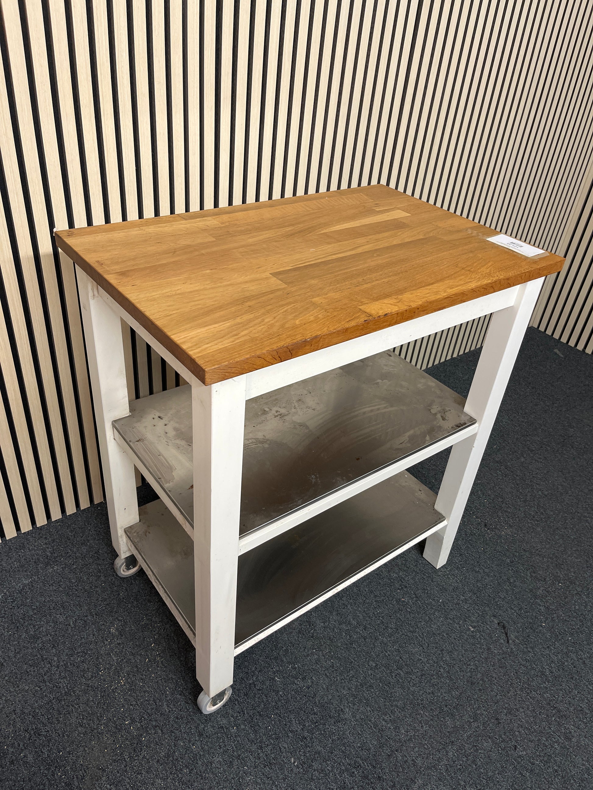 Oak top butchers block with aliminium shelves on castors (H 90 x W 79 x D 51 cm) 2325