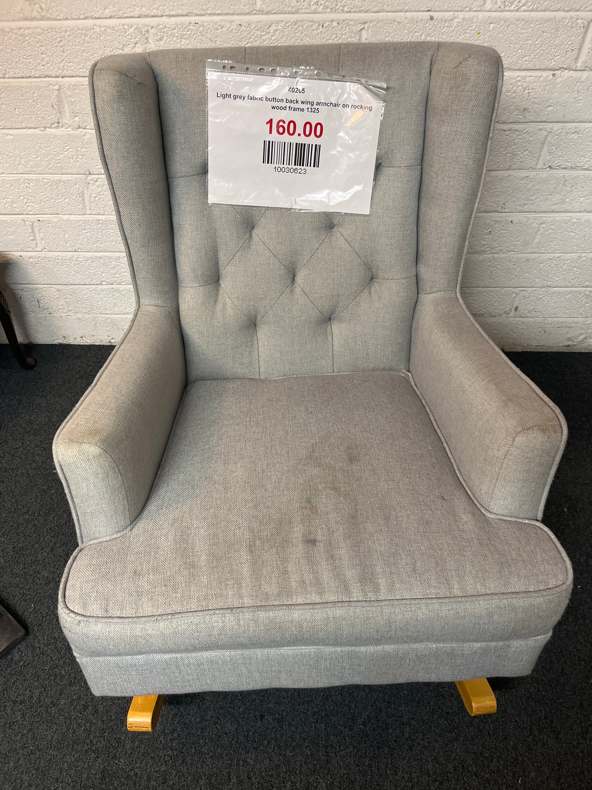 Light grey fabric button back wing armchair on rocking wood frame 1325