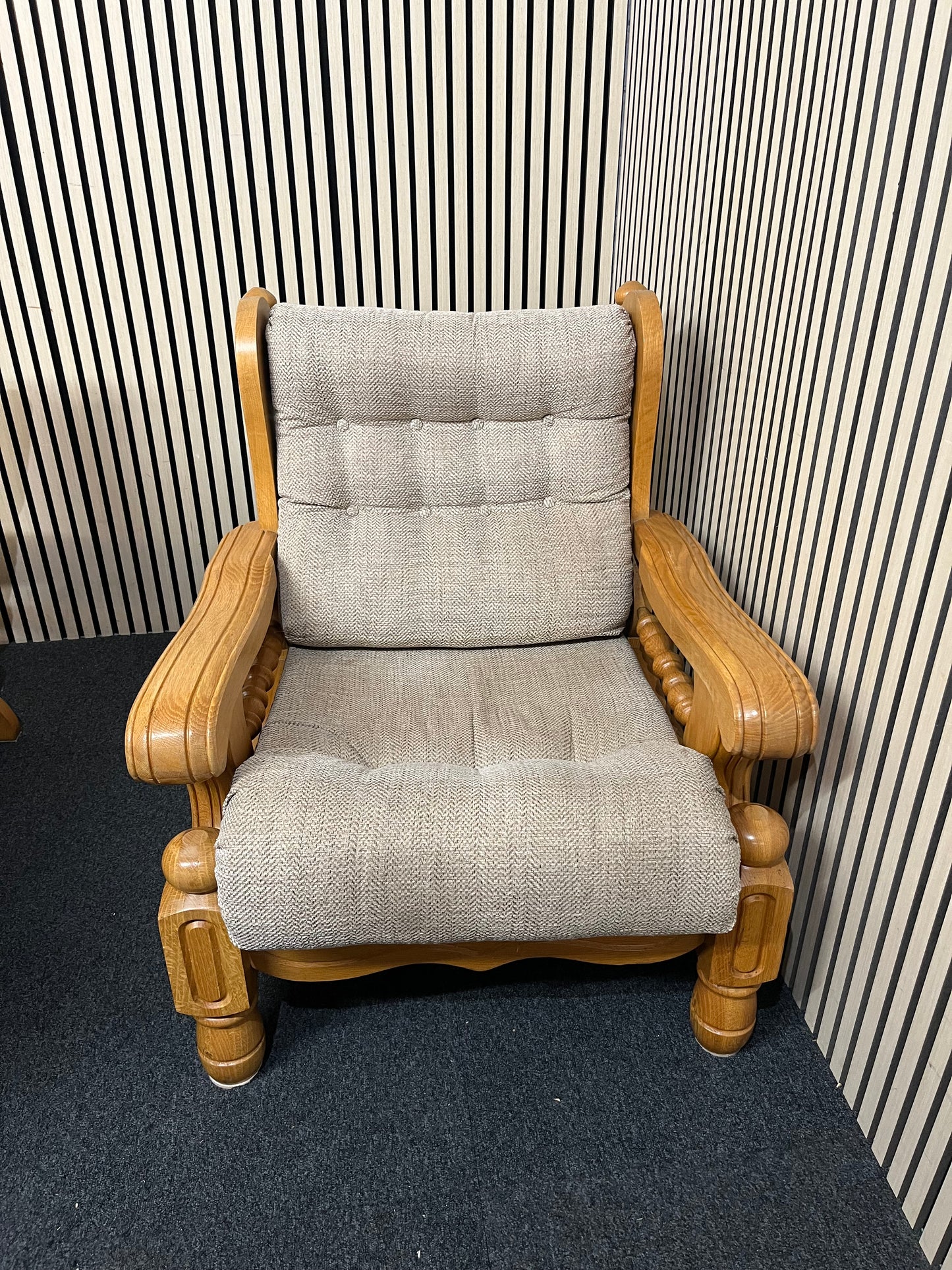 Solid Dutch Oak 2+2+1+1 sofa suite with light brown fabric cushions (imported from South Africa)