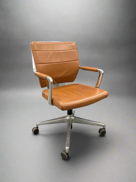 Sedus Open Up Modern Classic hand made office swivel chair MEDIUM Back swivel with polished metal base and arms, REAL TAN leather