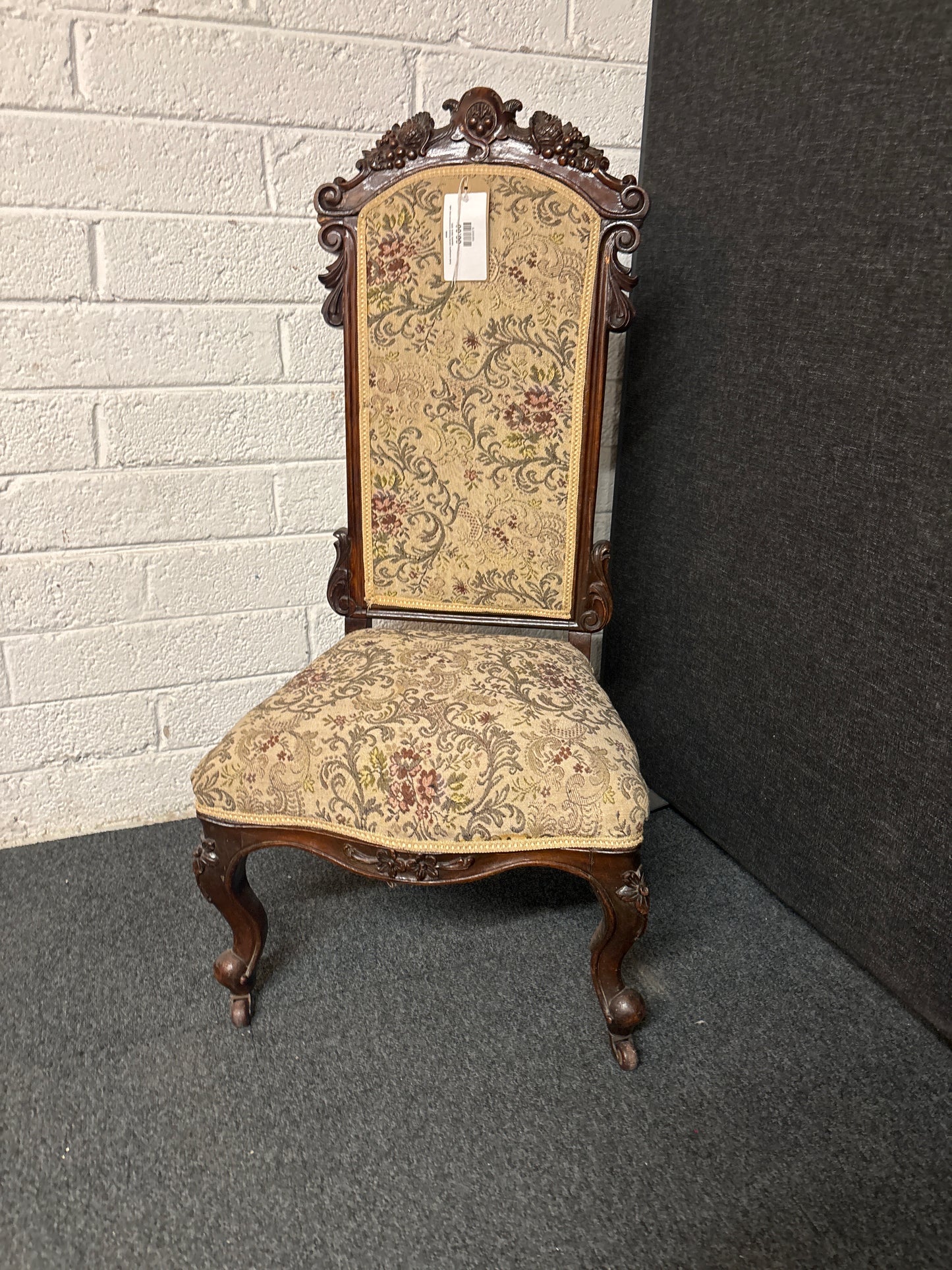 Solid mahogany carved framed occasional chair with tapestry fabric 3225