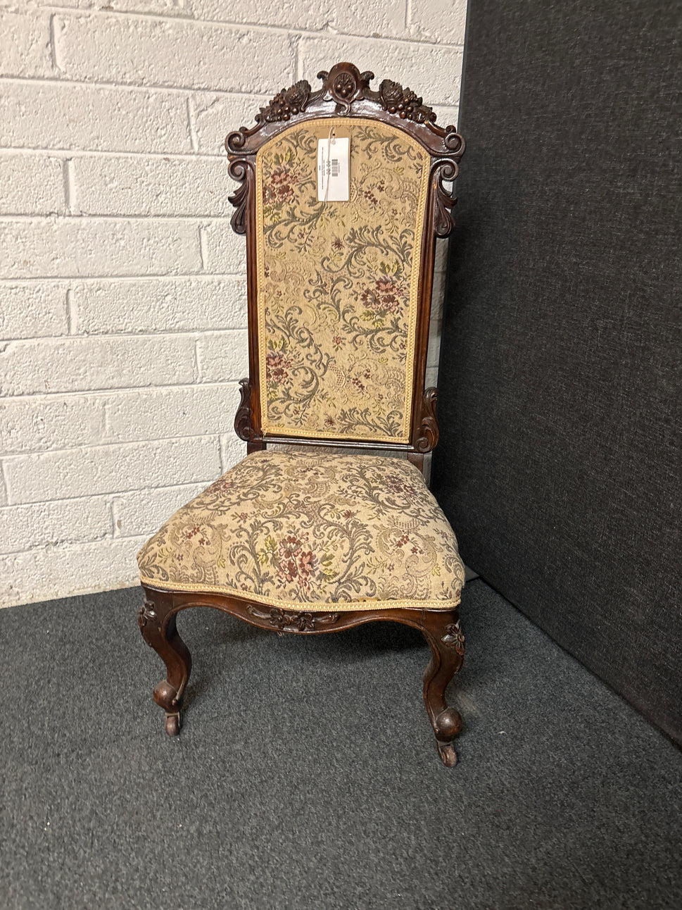 Solid mahogany carved framed occasional chair with tapestry fabric 3225