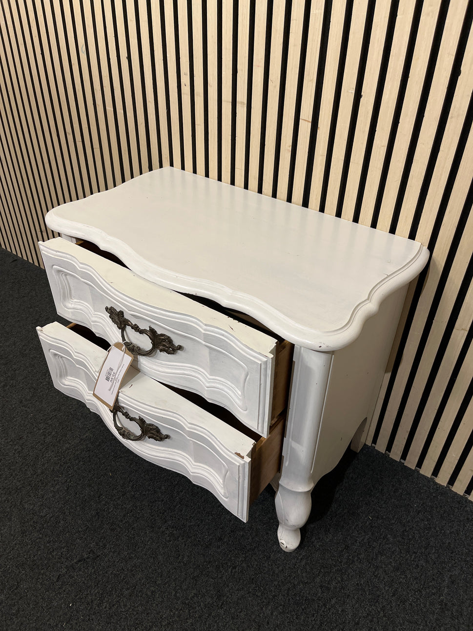 Ornate 2 drawer low white painted chest of drawers   44254