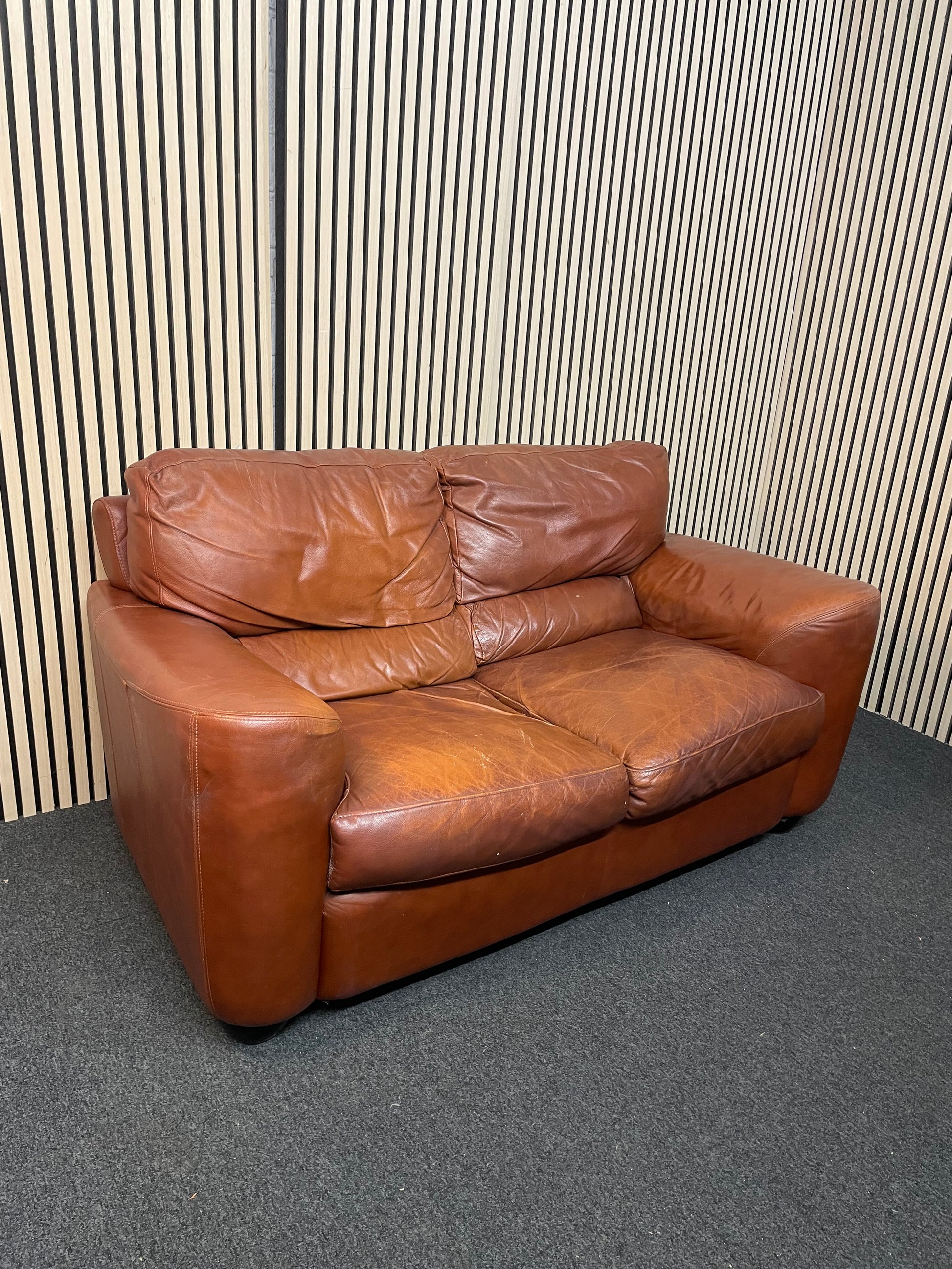 2 seater real tan leather sofa (165cm wide) 2425