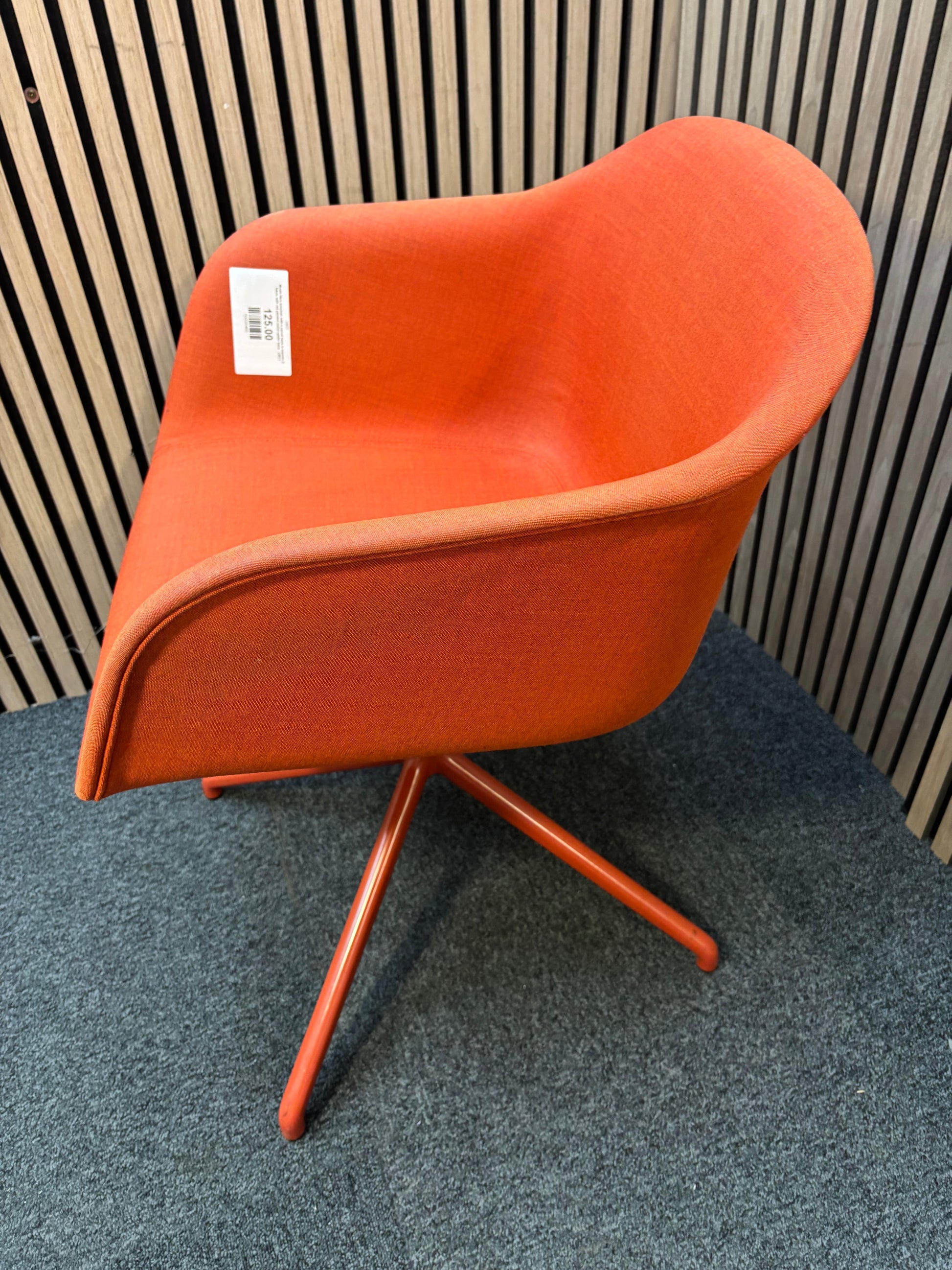 Muuto fibre armchair with a swivel base in manner 2 fabric with red painted metal spider base   J3911