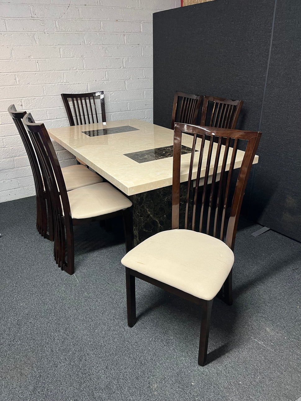 Marble effect large rectangular table (L 180 x W 100 cm) with 6 dark wood stained kitchen chairs with fabric seat 3225