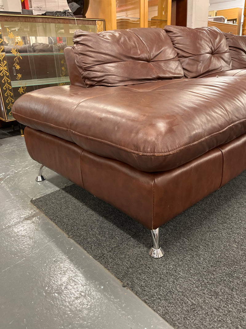 Large brown leather corner sofa in sections with chrome legs  44538