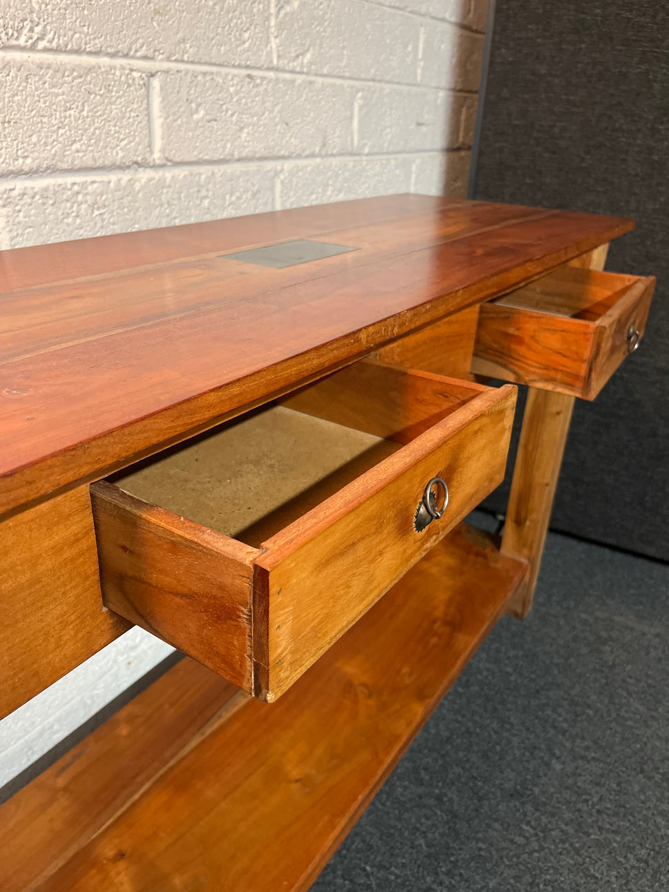 Large solid wood teak stained 2 drawer slim console table (H 77 x W 120 x D 40 cm) 2225