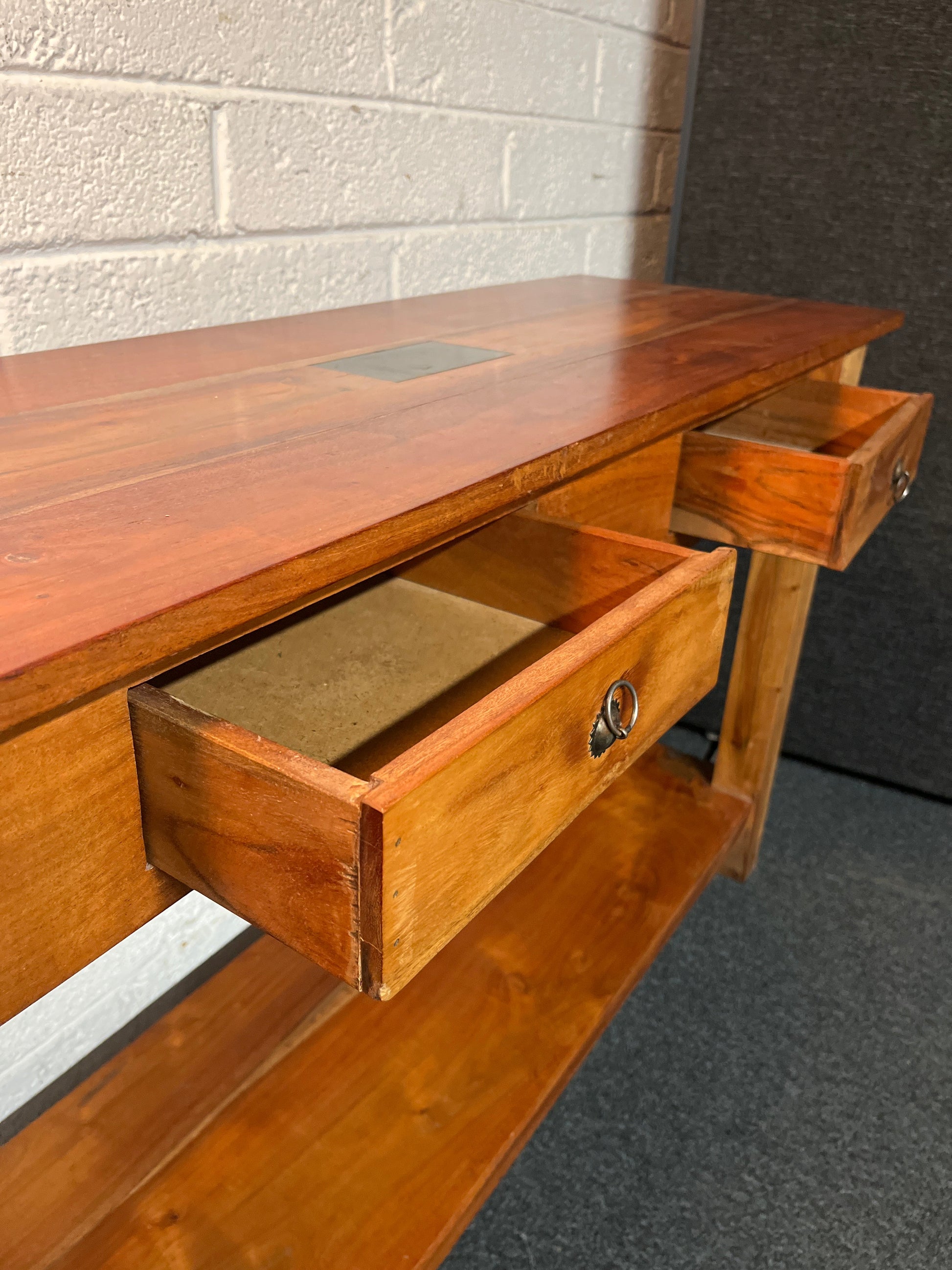 Large solid wood teak stained 2 drawer slim console table (H 77 x W 120 x D 40 cm) 2225