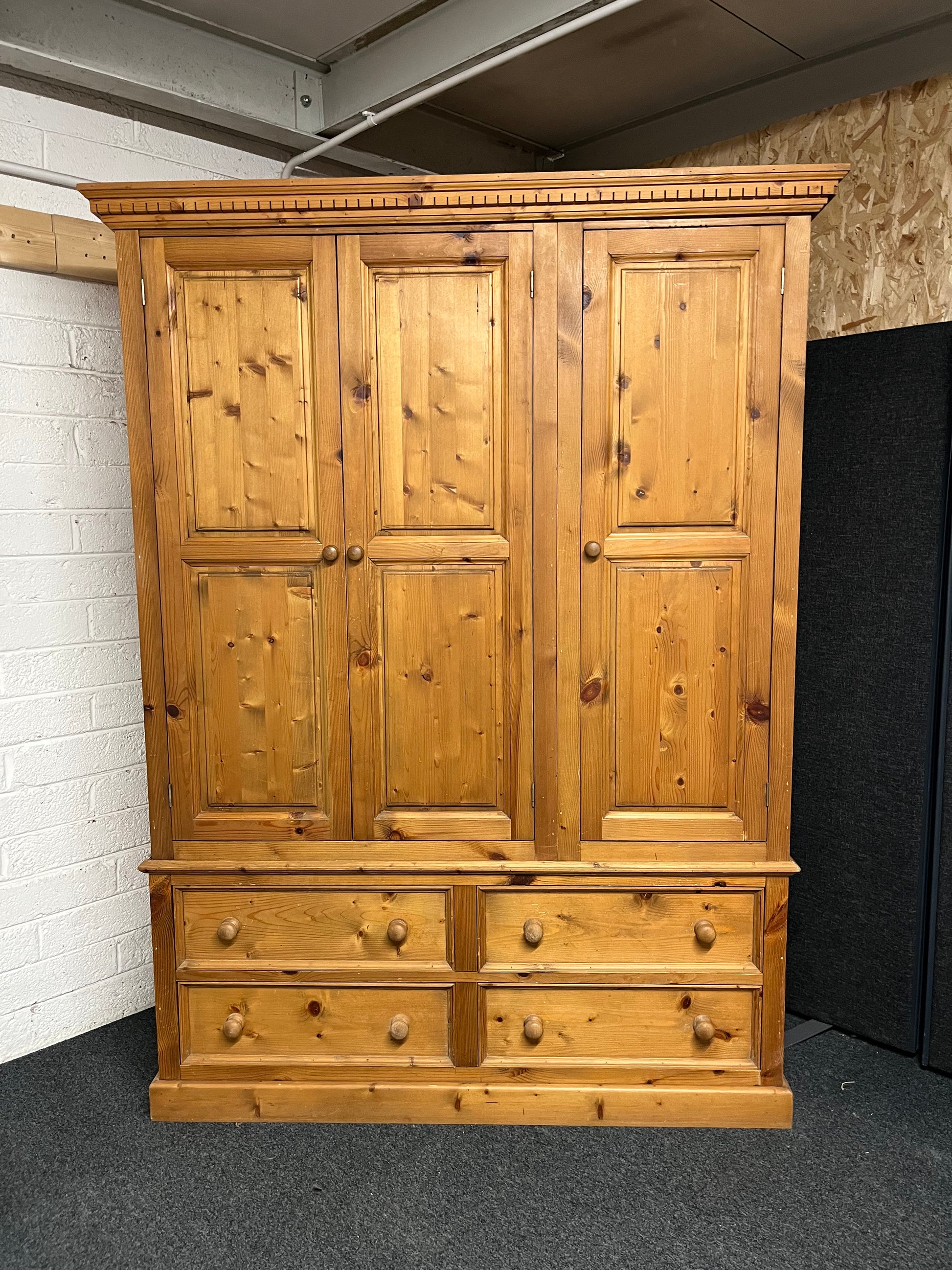 Solid tall pitch pine 3 door 4 drawer wardrobe with ornate pelmet (1480Wx2050Hx630D mm) 1225