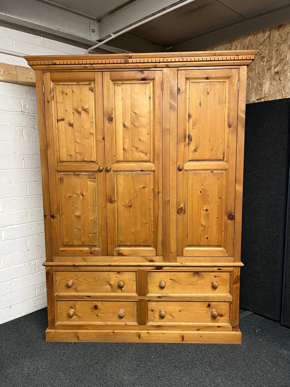 Solid tall pitch pine 3 door 4 drawer wardrobe with ornate pelmet (1480Wx2050Hx630D mm) 1225