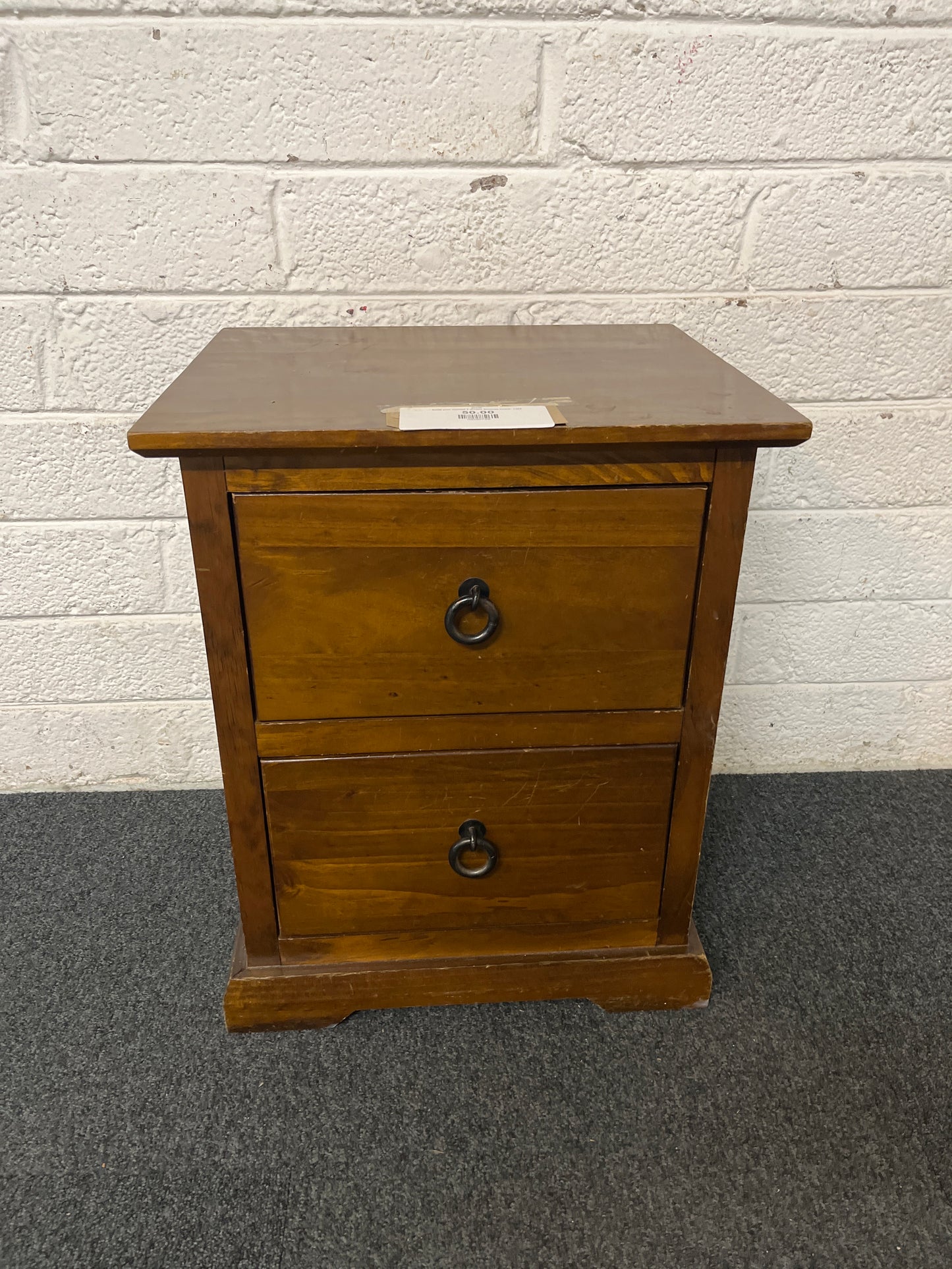Solid pine stained 2 drawer bedside locker  1325
