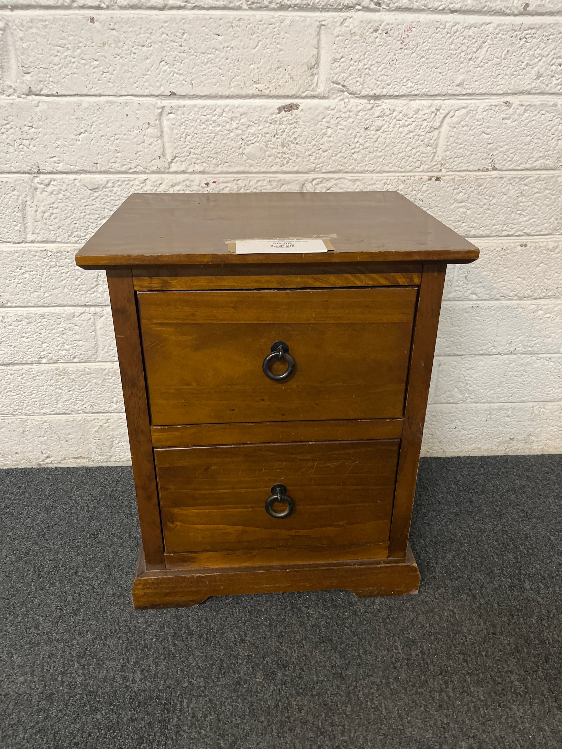 Solid pine stained 2 drawer bedside locker  1325
