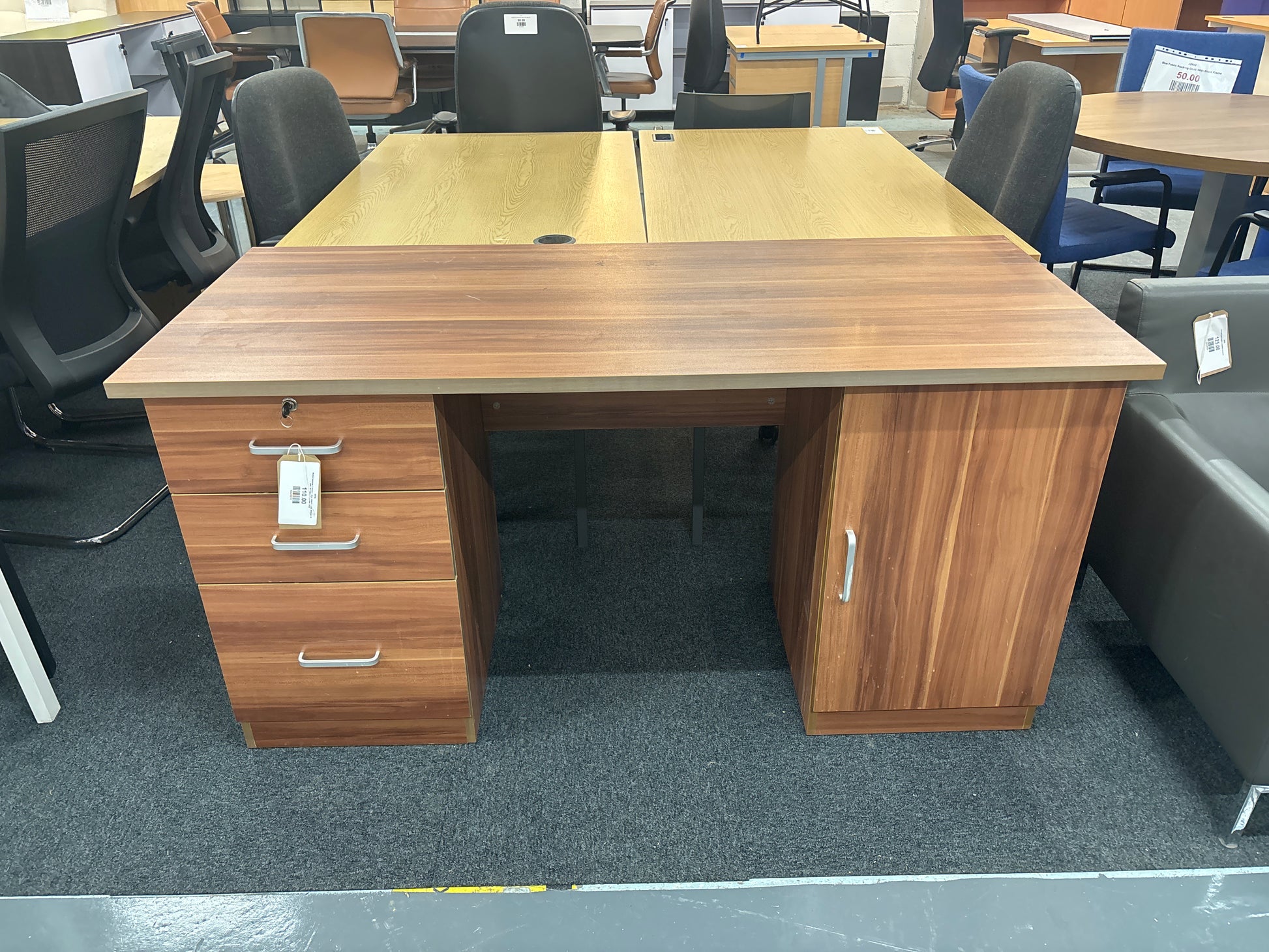 Walnut laminate 3 drawer 1 door straight desk, dresser  H 650 x W 1500 x D 650 mm  3125