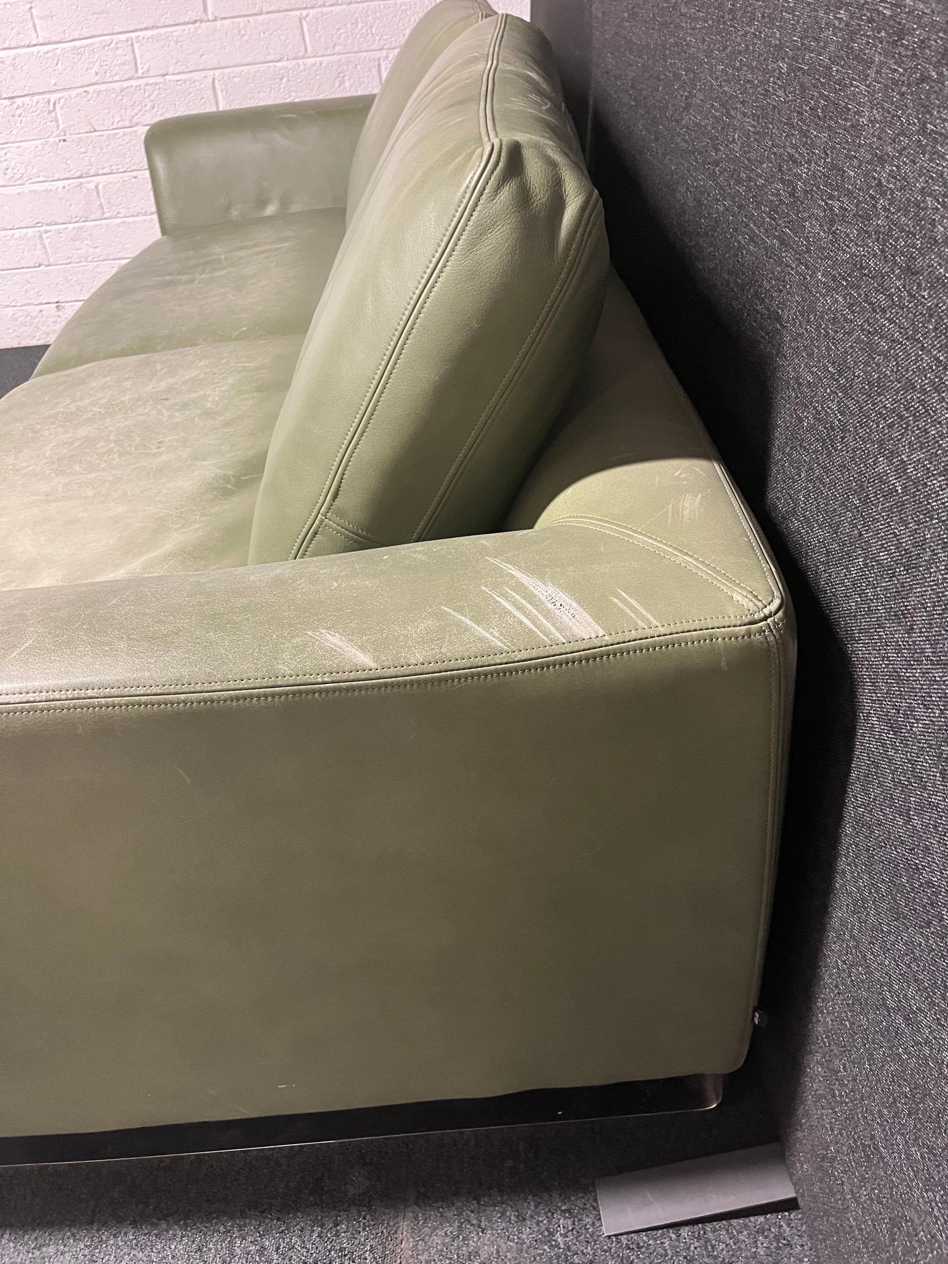 Large Olive Green REAL leather 4 seater sofa (W 2400 x D 950 x Seat H 450 mm) 1225