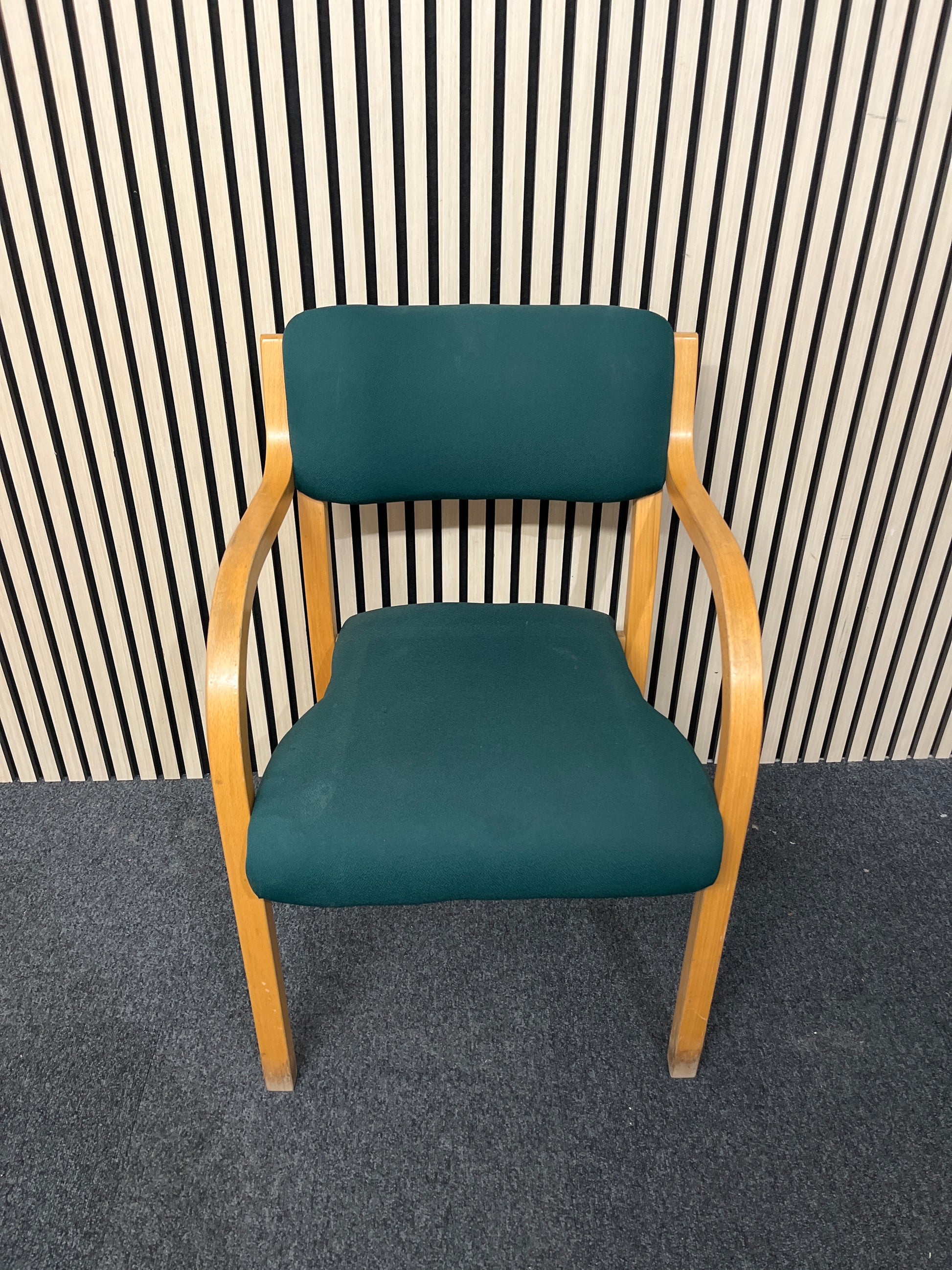solid beech framed stacking chair with arms, green fabric seat and back