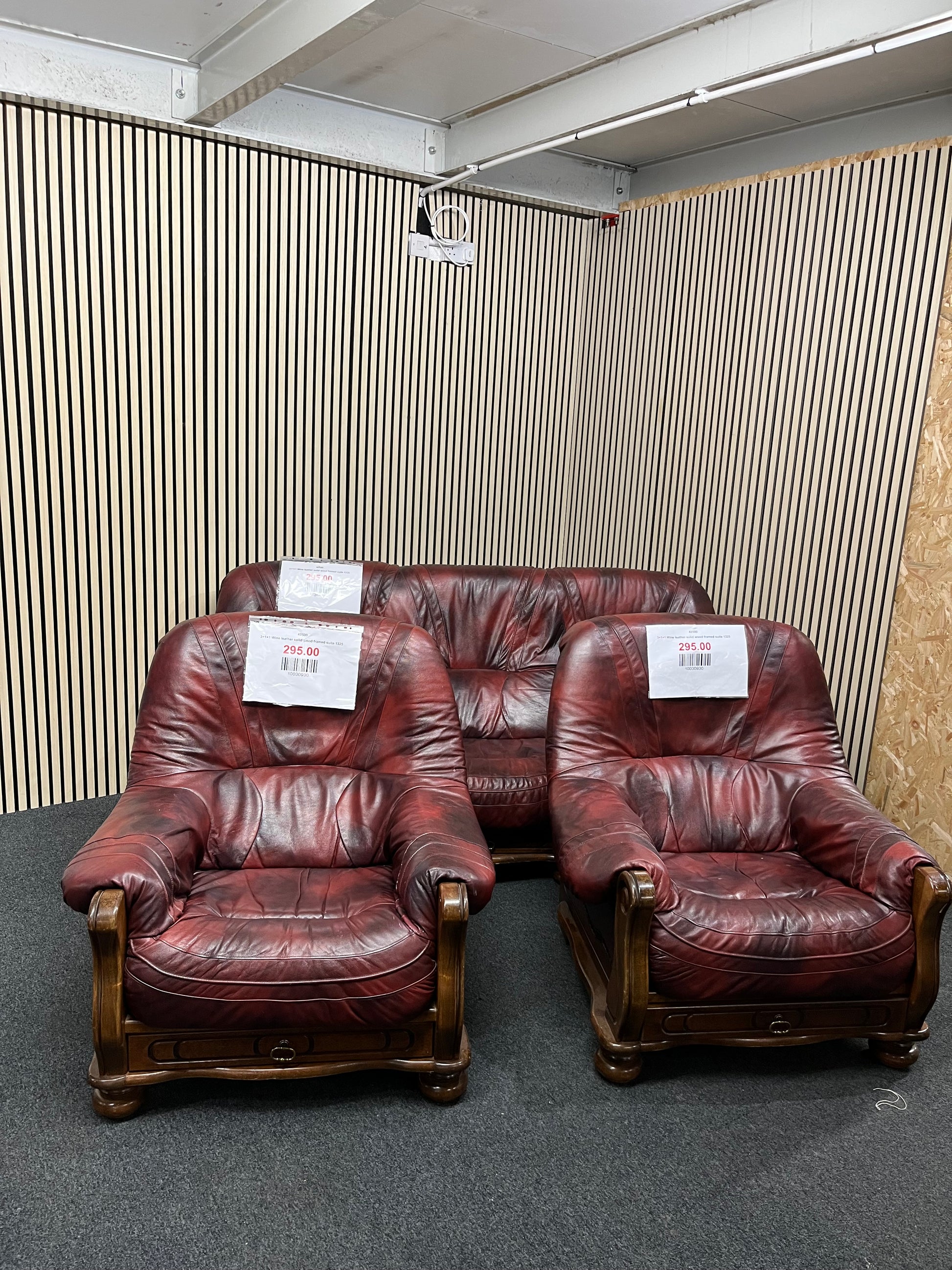 3+1+1 Wine leather solid wood framed suite 1325