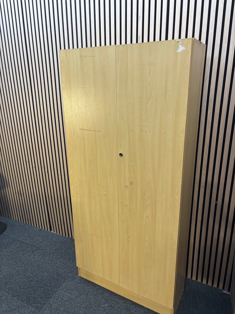 Tall maple 2 door storage unit with internal wooden shelves and key 95Wx160Hx60D. Price inc VAT